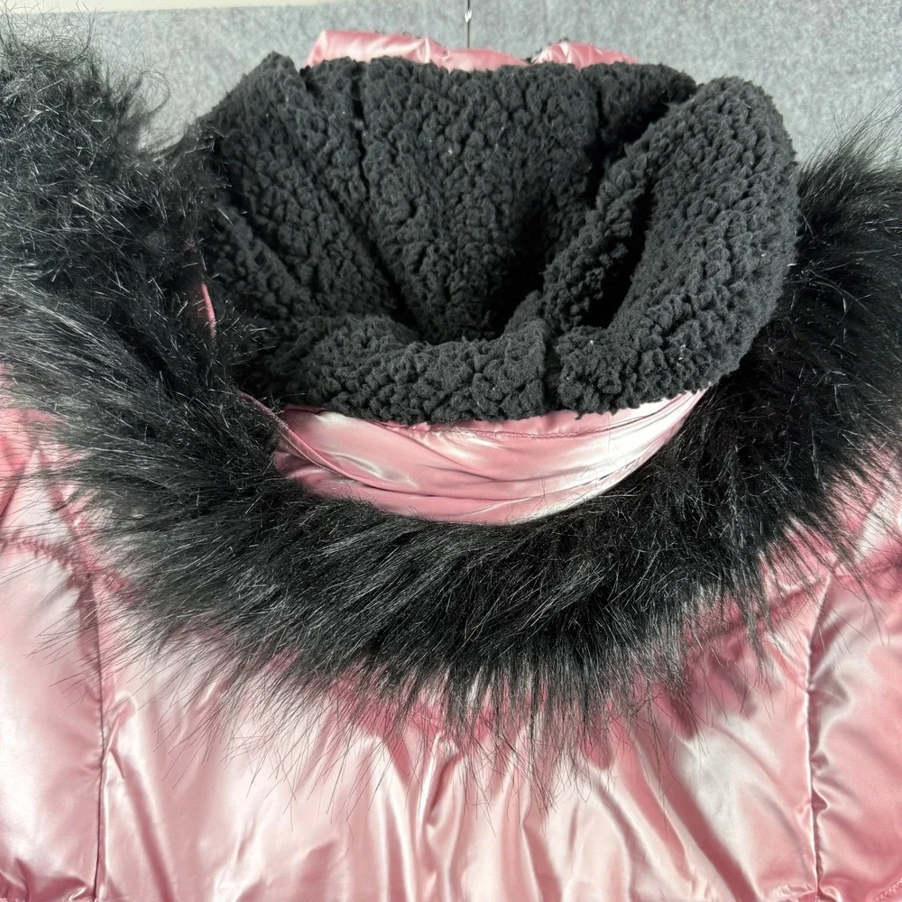 Justice Girls Size 12 Metallic‎ Pink Puffer Jacket Sherpa Lined Faux Fur Hood